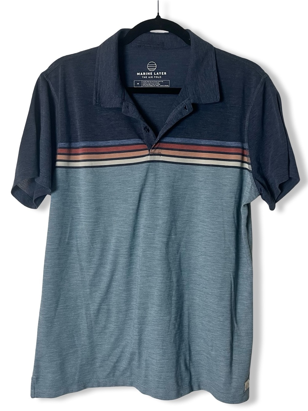 Marine Layer The Air Polo Mens Navy Blue Striped Colorblock Shirt Sz. M